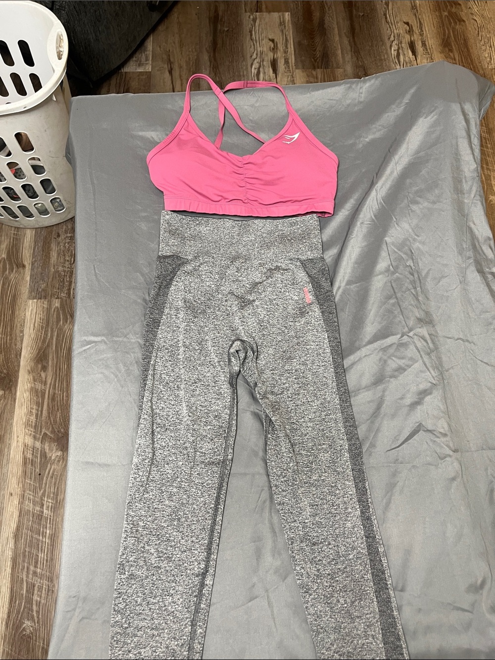 Gymshark Pink Sports Bra with Gray Heathered Leggings